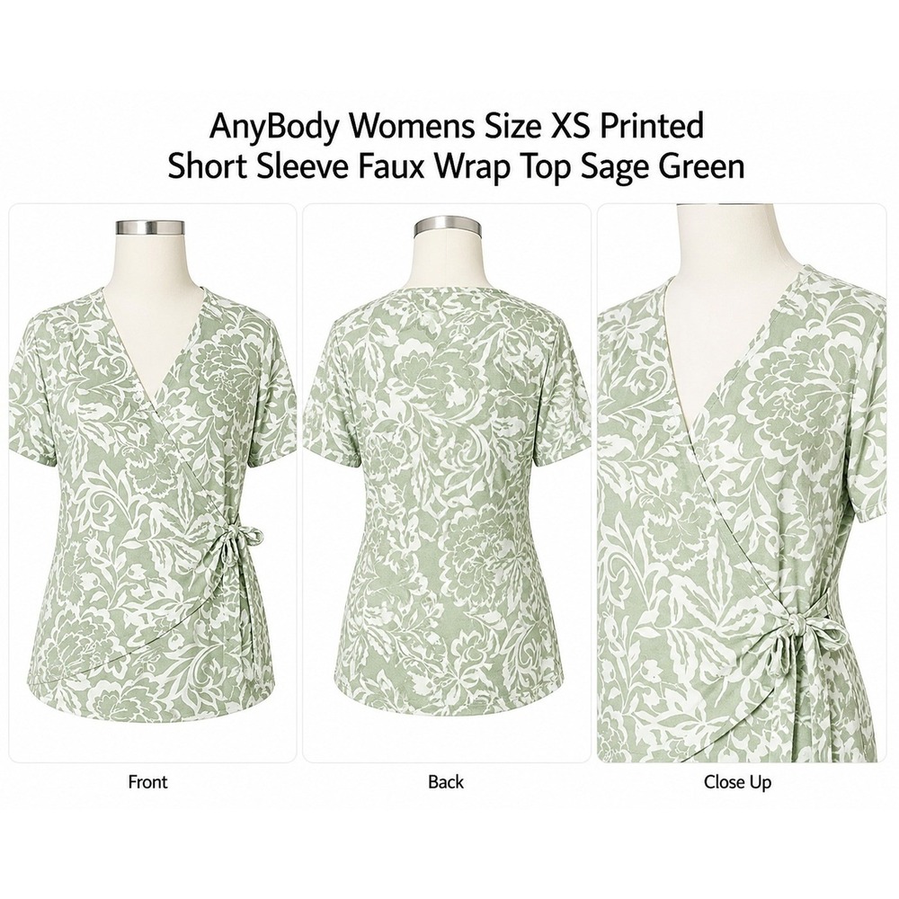 AnyBody Womens XS Sage Green‎ Floral Printed Short Sleeve Faux Wrap Top A643889